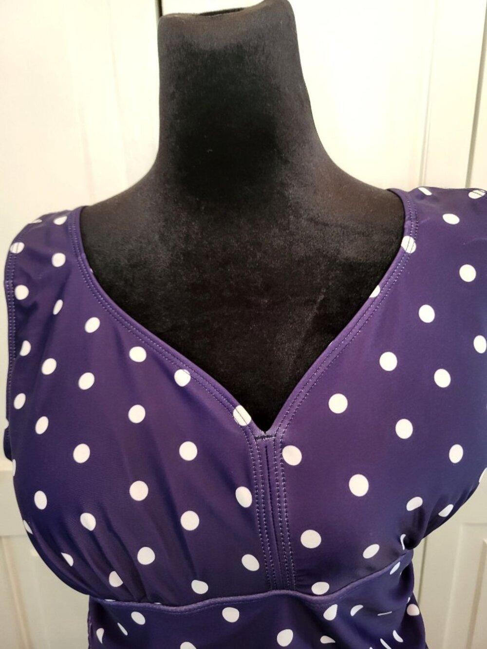 Navy White Polka Dot Retro Inspired Ruched Swim Dress XL Twee Pinup Rockabilly - Picture 3 of 10